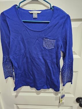 Peter Nygard Cobalt Blue Long Sleeve Scoop Neck Top with Embellished Pocket